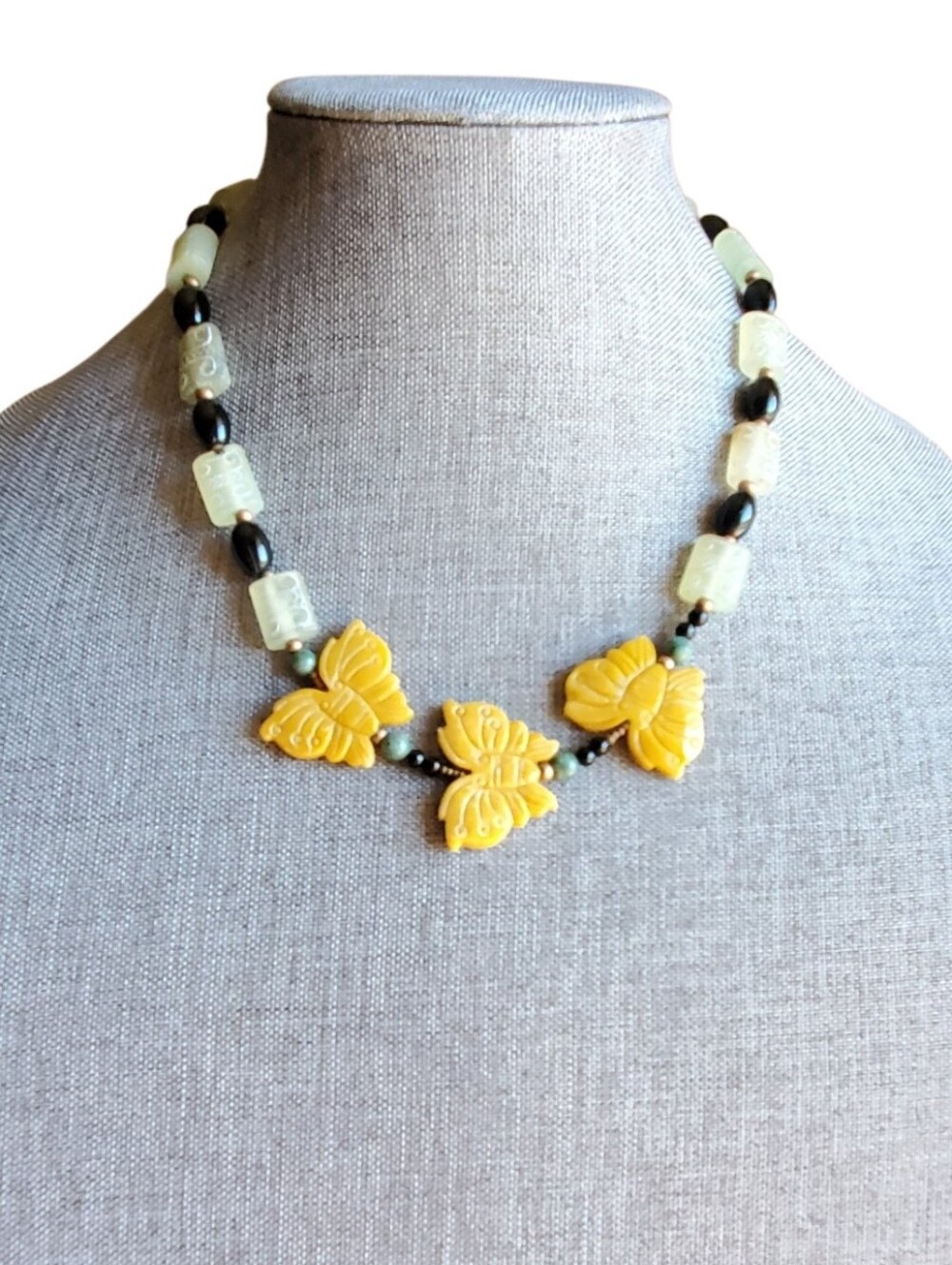 Antique Carved Yellow Green Jades Butterfly & Black Onyx Necklace